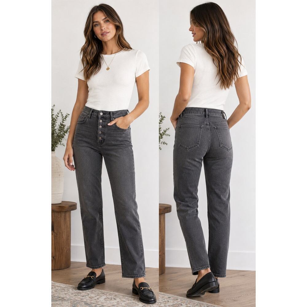 PAIGE Cindy High Rise Straight Leg Jeans Calico Washed Black Denim 28 New